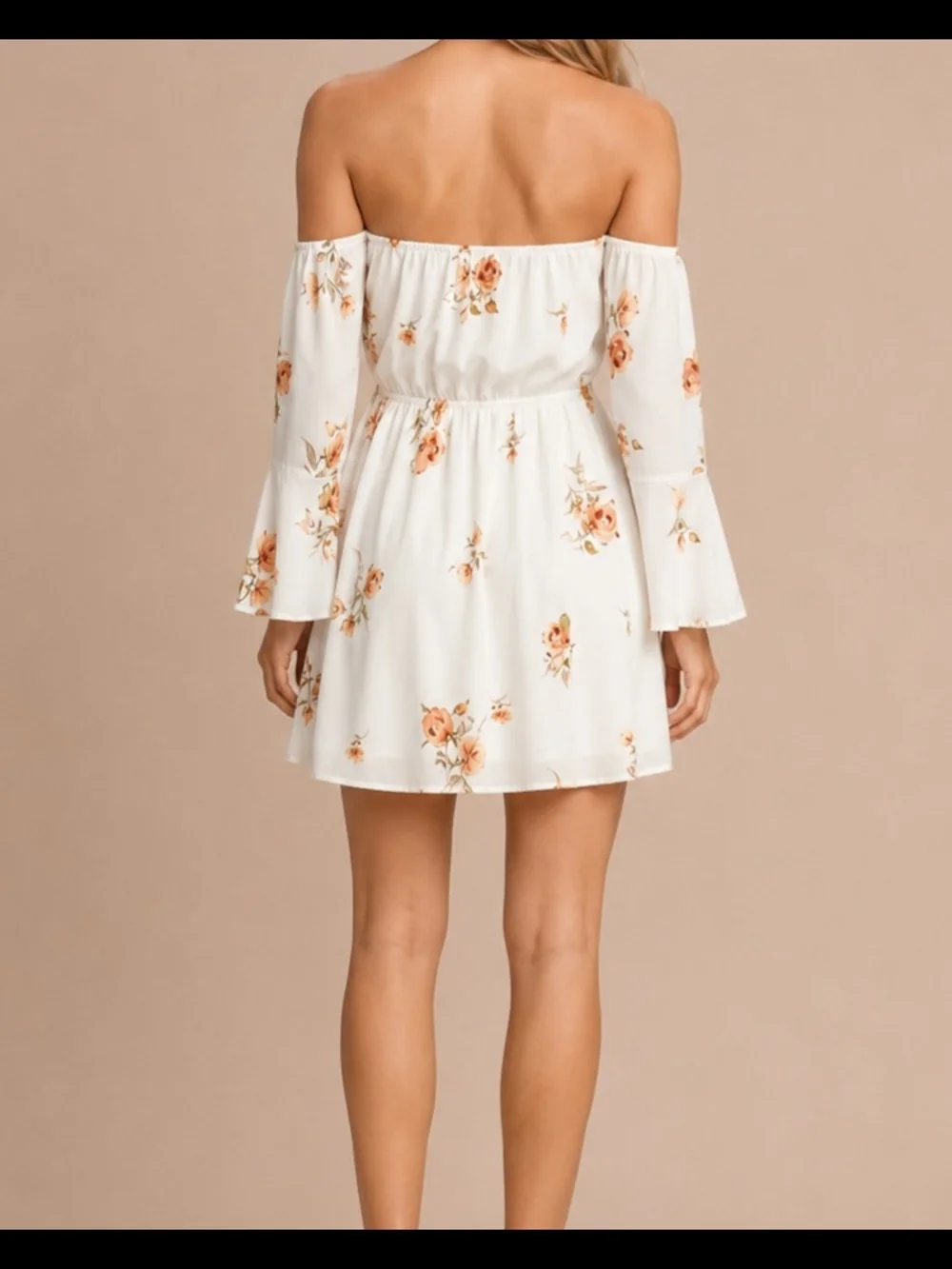 Lulu's Women's Cream Off-Shoulder Floral Tunic Mini Dress w/Peach Blooms Size XS